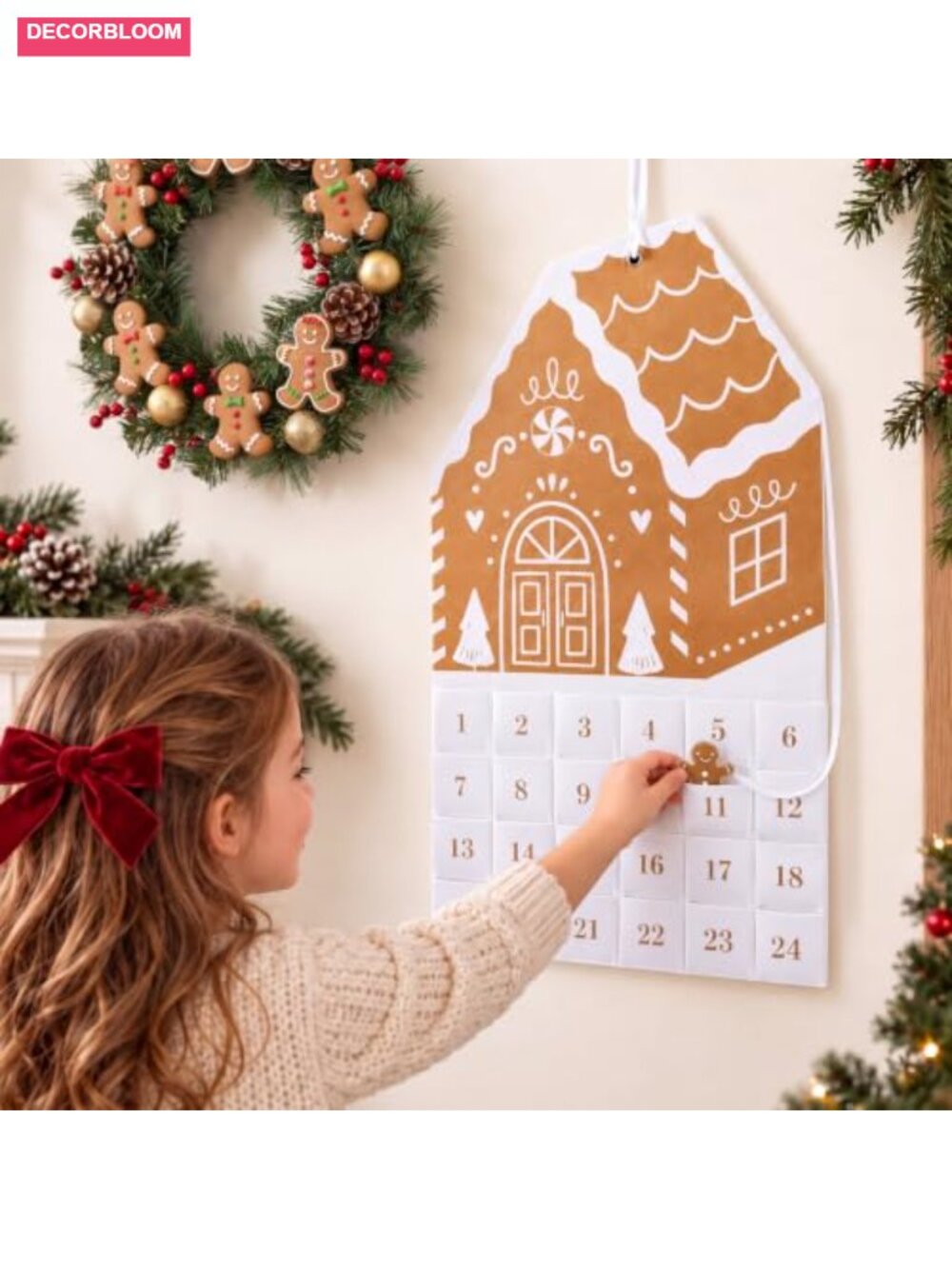24-Pocket Gingerbread House Felt Advent Calendar 30.7" Hanging Christmas